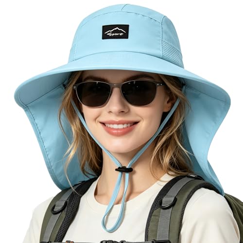 Image of Rosoz Outdoor Sun Hat for Men Women, UPF50+ Protection Safari Cap Wide Brim Mesh Fishing Hat with Neck Flap Beach Garden