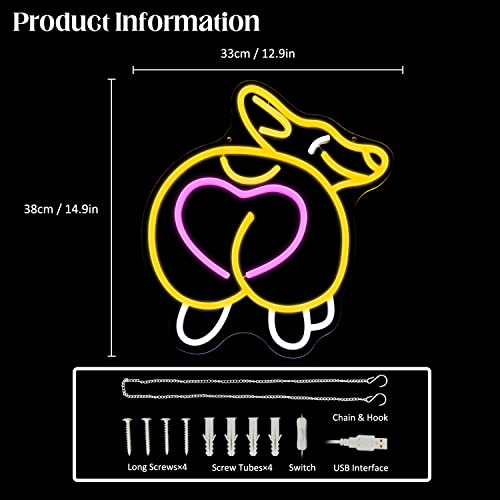 Image of Corgi Neon Sign, Acrylic, 14.9 x 12.9 inches, USB Powered, Modern Decorative Signage with Pink Heart for Home, Office Wall Decor, Pet Shop, Birthday Gifts