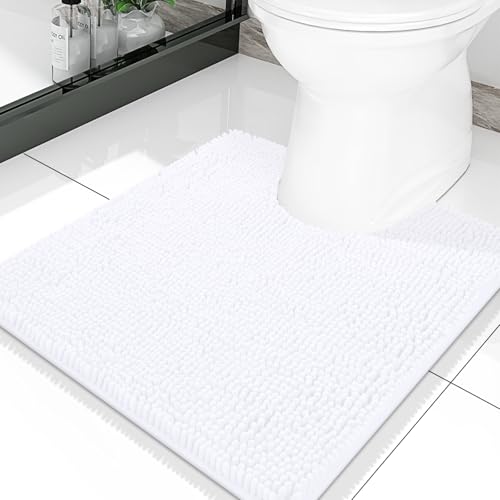 Smiry Luxury Chenille Toilet Rugs U-Shaped 20x20, Soft Absorbent Non-Slip Contour Bathroom Rugs for Toilet, Machine Washable Contoured Bath Mats, White