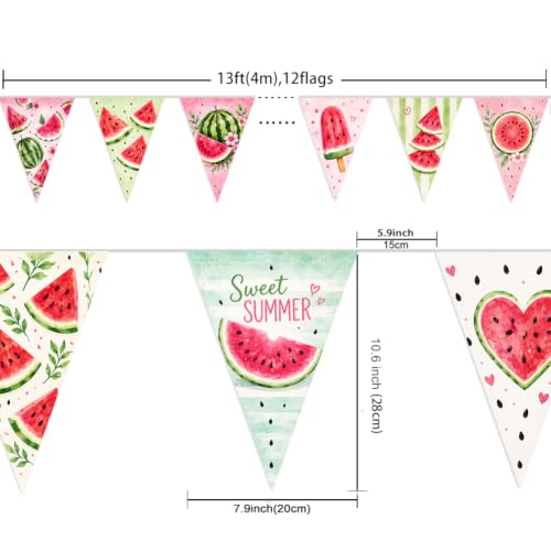 Image of Watermelon Summer Pennant Banner, 12 Pastel Watercolor Triangle Flags, Fabric Hanging Garland with Black Rope, Ready to Hang for Summer Party, Birthday, BBQ, Picnic, Baby Shower, Pool Party Decor