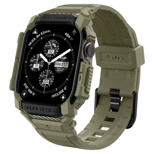 Image of Spigen Rugged Armor Pro for Apple Watch Series 11 46mm Case with Strap Band, Series 10 46mm Protective TPU Cover with Strap - Vintage Khaki