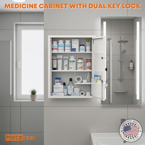 Image of Medicine Cabinet with Dual Key Lock, Wall Mounted First Aid Cabinet, Pill Bottle Organizer Storage for Home Office & School Use 16 inch W x 6 inch D x 21 inch H (White)