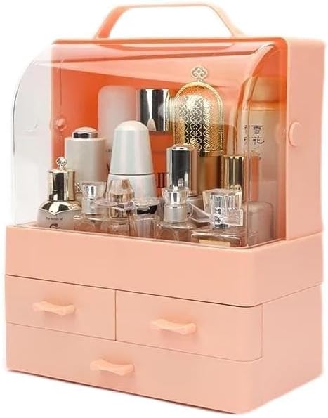 Makeup Organizer Box Cosmetic Storage Modern Cosmetic Storage Holder Portable Handle Fully Open Waterproof Lid Dustproof Drawers Great for Bathroom, Dresser, Countertop (Baby Pink)