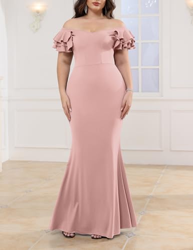 Image of Ekaliy Women's Plus Size Maxi Dress Elegant V-Neck Ruffle Sleeves Bodycon Mermaid Evening Gown