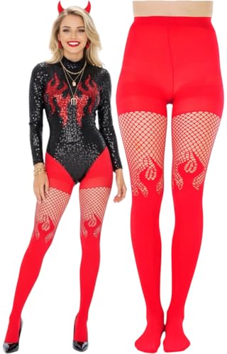 Image of ToBeInStyle Women's Flame Burning Fire Tights w /Devil-Inspired Print Hosiery