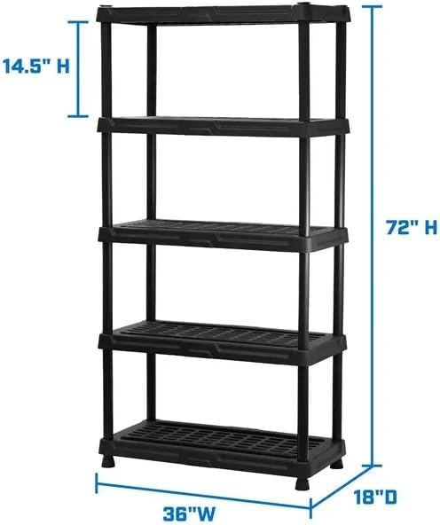 5-Tier Shelving Unit - Black Heavy Duty Plastic Shelf, for Garage, Pantry, Office - Easy Assembly