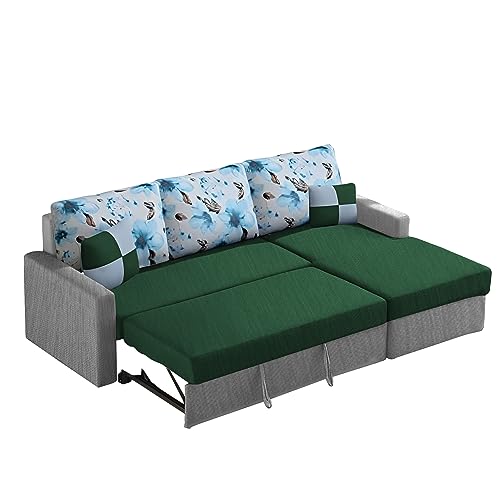 Image of Orland 4 Seater LHS L Shape Sofa Cum Bed for Living Room | Color - Green Grey | Premium Fabric Sofa
