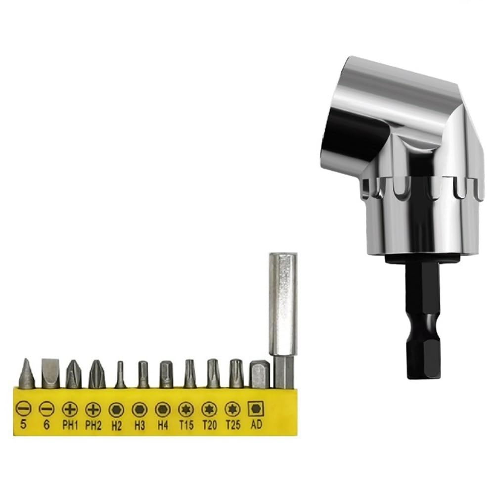 Littimoon 105 Degree Right Angle Drill Adapter and 12pcs Bend Screwdriver Bit 1/4In Hex Shank Driver Angle Drill Attachment