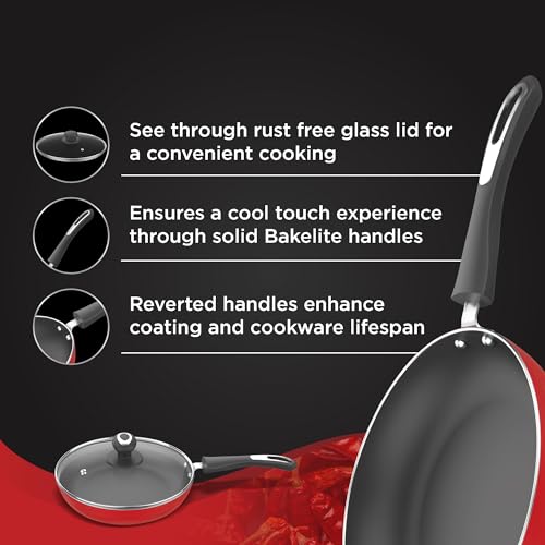 Image of Preethi Dura Collection Non Stick Fry Pan, 24 cm, with Glass Lid, Gas & Induction Compatible, 5 Star Non Stick Effect, Chilly Red