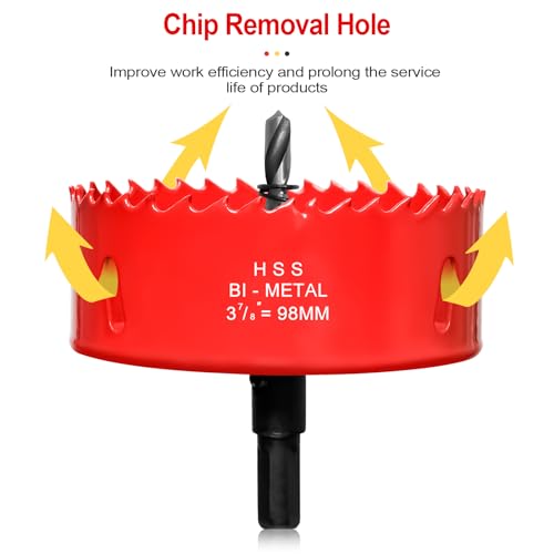 Hole Saw 3 7/8” (98mm) for Wood and Plastic, HSS Bi-Metal Hole Cutter Core Drill Bit for Drywall, PVC Boards, Fiberglass and Vent Pipes
