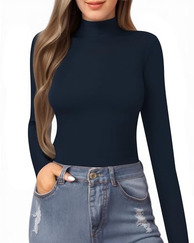 Image of MANGOPOP Women's Mock Turtle Neck Slim Fit Long Sleeve 3 /4 Sleeve Short Sleeve T Shirt Tight Tops Tee