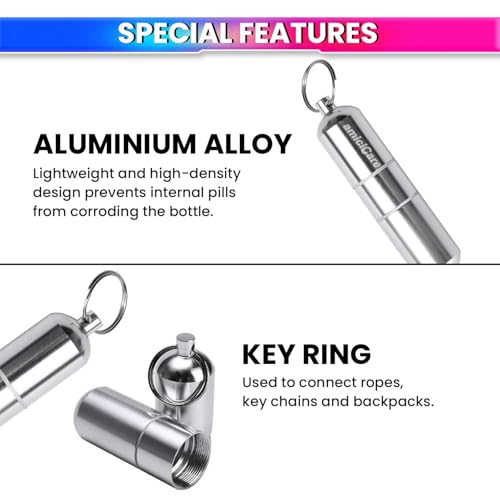 Image of amiciCare Keychain Pill /Cigarette Container, Aluminium Alloy Waterproof Storage Tube for Outdoor Travel with Adjustable Size (Big Single Compartment)