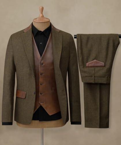 VENNYNG Men's Herringbone 3-Piece Suit Vintage Tweed Blazer Pants with PU Leather Vest for Wedding Groom Formal3