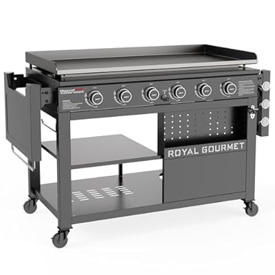 Royal Gourmet GB6000 6-Burner Propane Gas Griddle with Folding Side Tables, 44-Inch Flat Top Grill with Double-Layer Bottom Shelves for Outdoor Party or Backyard Barbecue, Black