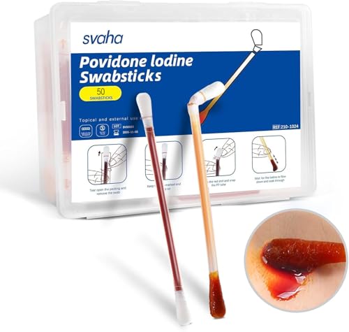 Svaha Hisopos de yodo povidona – 50/caja, envueltos individualmente, solución de yodo liberada cuando se rompe, no se seca, perfecto para el cuidado de heridas y kits de primeros auxilios portátiles