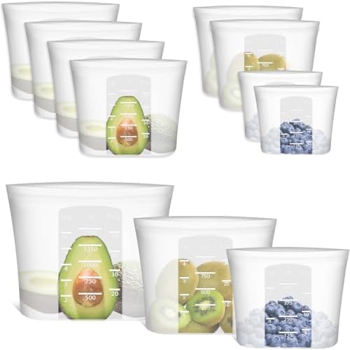 Reusable Storage Bag, 8 Pack 100% Silicone Food Storage Bags Stand Up Silicone Zip Lock Bags for Food Container, Freezer Microwave Oven Dishwasher Safe, 4 Medium 2 Small 2 Extra Small, Translucent - Thumbnail 2