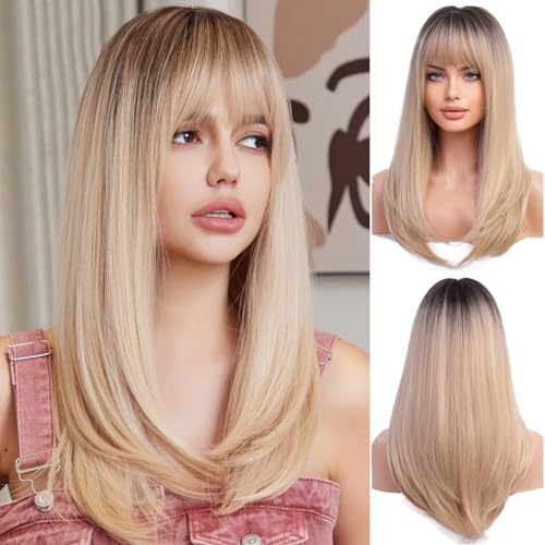 OUFEI Ombre Blonde Wigs for Women - Long Wig with Bangs, Straight Synthetic Hair, Heat Resistant for Daily Party Cosplay Wear