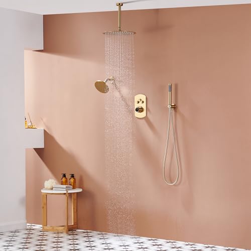 Sistema de Ducha para Techo de 12 Pulgadas MONDAWE en Acabado Dorado Cepillado, Juego de Grifo de Ducha con 3 Funciones, Cabeza de Ducha Lluvia Dual y Chorro de Alta Presión Manual, Todas las Funciones Usables Simultáneamente miniatura 2