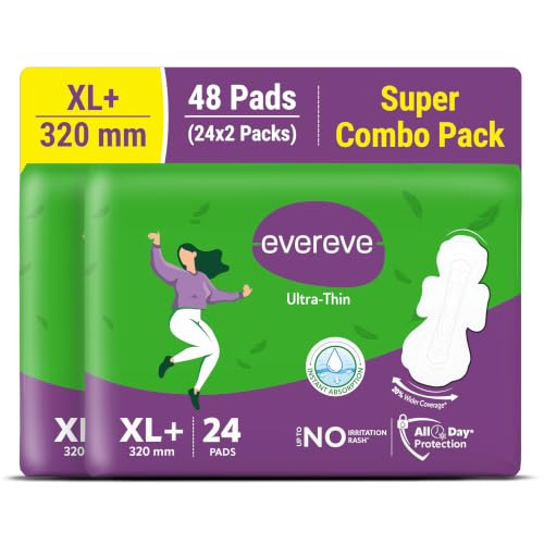 Image of Evereve Ultra-Thin Sanitary Pads for Women, XL+ 320mm, Longest & Widest Day Pad, Soft & Breathable Fabric, Rash-Free Comfort, Instant Absorption, Dry Feel Protection, Lightweight Pads, Pack of 24x2