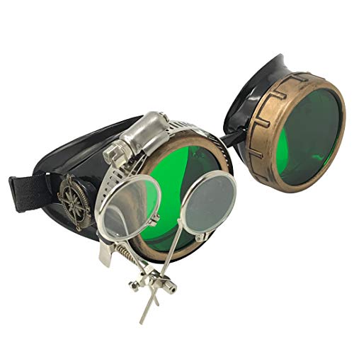 Steampunk Victorian Style Goggles with Compass Design, Emerald Green Lenses & Ocular Loupe