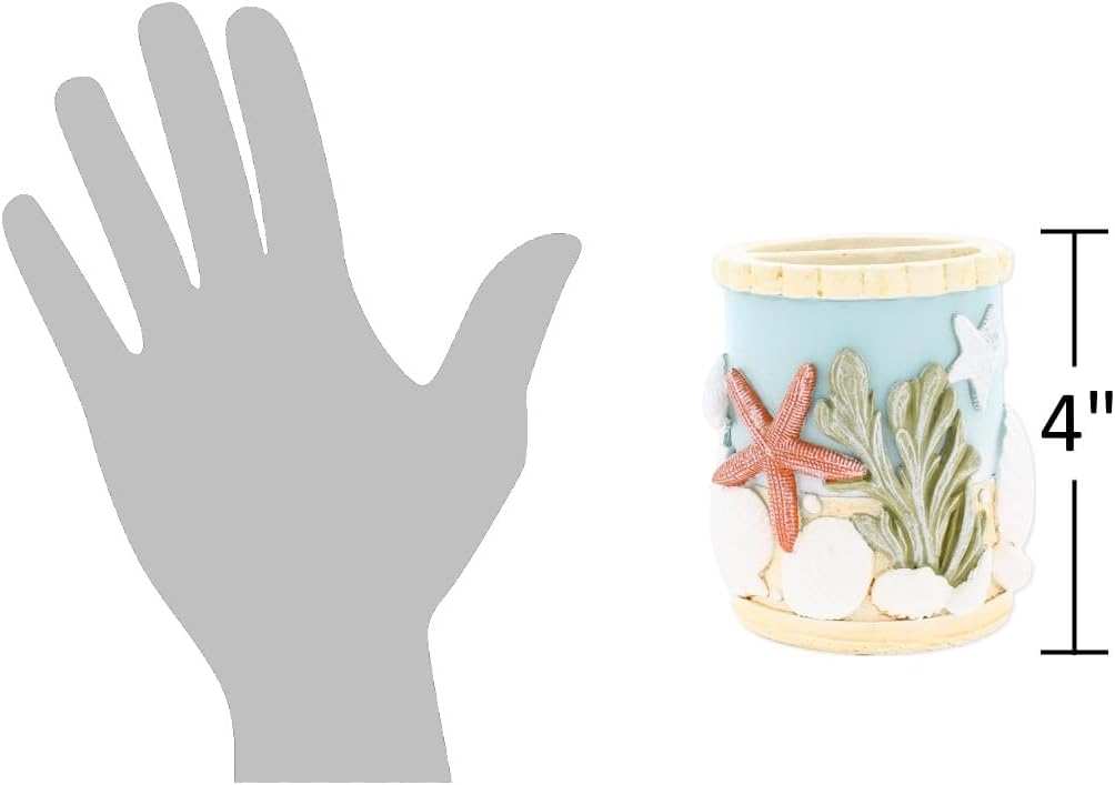 The Bridge Collection Coastal Toothbrush Holder with Starfish and Seashell Accents - Nautical Bathroom Counter Accessory - Beach Themed Sink Decor