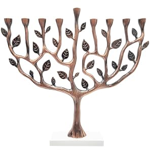 The Dreidel Company Hanukkah Menorah Tree of Life with Stone Base Copper