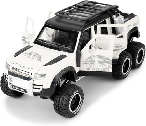 Image of 1:24 Land Rover Defender Six Wheels Off-Road Pickup Car Model, Pull Back Diecast Truck Collectible with Sounds & Lights, Gift for Kids, Boys, Girls, and Adults (White)