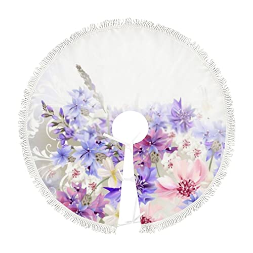 Christmas Tree Skirt 30 Inch Floral Blue Purple Cornflowers With Tassel For Holiday Party Round Plush Xmas Tree Skirt Home Decorations Indoor Outdoor #TOP10