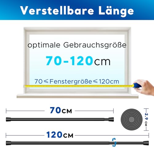 BSYXLSX 2 Stück Vorhangstange Ohne Bohren – Schwarz 70-120 cm, Ø 22 mm-Verstellbare Teleskopstange zum Klemmen für Vorhänge, Duschvorhang und Garderobe