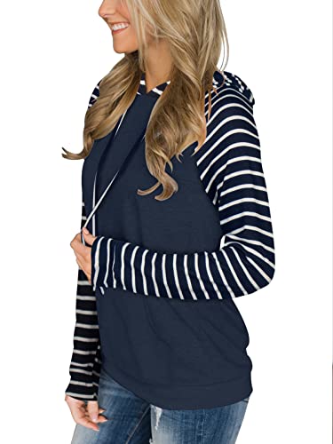 Pinkmstyle Womens Pullover Hoodie Sweatshirts Casual Floral Print Tunic Tops Kangaroo Pocket Shirts Navy Stripe Small #TOP2