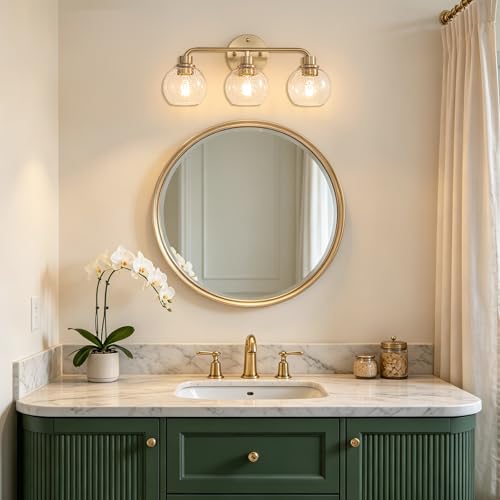 Image of Bathroom Light Fixtures Gold Vanity Light 3 Light Brushed Brass | Wall Sconces Lighting with Seeded Globe Glass Shades Bath Wall Lamp for Mirror Kitchen Living Room Bedroom Hallway