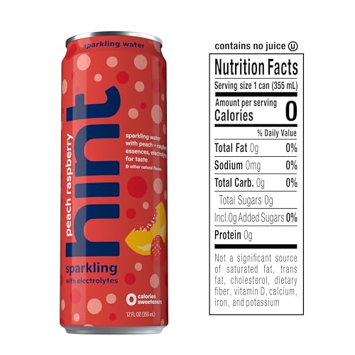 Hint Sparkling Water, Peach Raspberry - Canned Flavored Water Beverages with Electrolytes, Zero Calories, and Sugar Free - 12 Fl Oz Cans (Pack of 12)