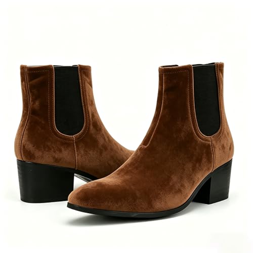 Image of Men'S Classic Leather Chunky Heel Chelsea Boots With Side Zipper Fashion Pointed Toe Elastic Band High Top Block High Heel Formal Chukka Booties For Casual Business Party Wedding