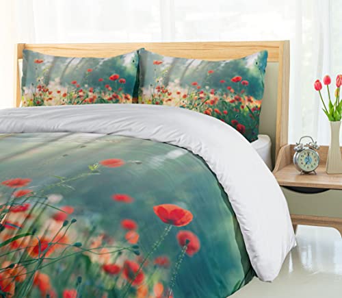 Ambesonne Nature Duvet Cover Set, Wild Red Poppy Flowers Field Summertime Sunbeams Gardening Bedding Plants, Decorative 3 Piece Bedding Set With 2 Pillow Shams, Queen Size, Red Green Yellow #TOP3