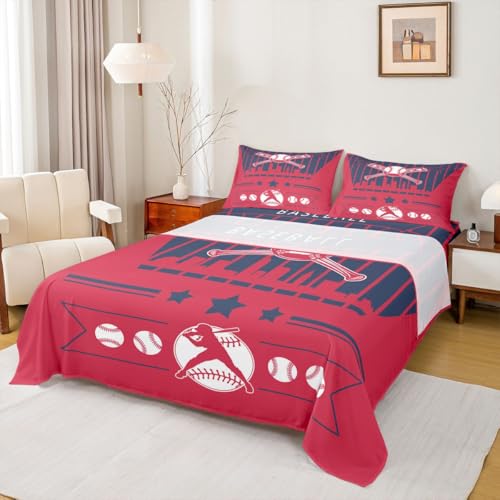 Erosebridal Baseball Sheet Set Queen Cleveland Bed Sheets Set Baseball City Sheets for Boys Girls Sports Game Flat Fitted Sheet with 2 Pillow Cases