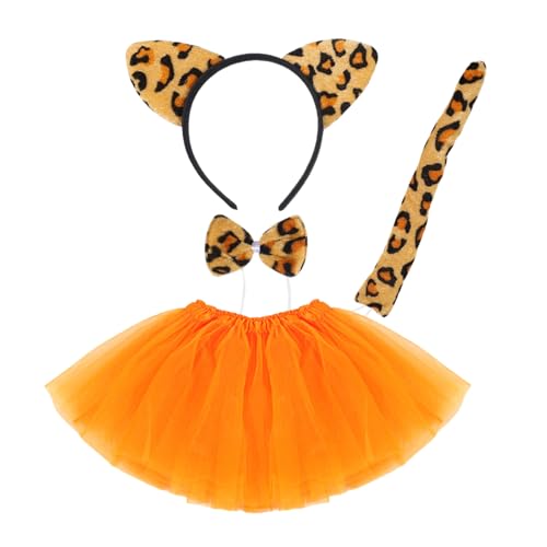 SAIIURV 4 peças disfarce de tigre para meninas meninos, conjunto de disfarces de leopardo orelhas diadema laço cauda saia Halloween acessórios de disfarce de animal para carnaval festa cosplay