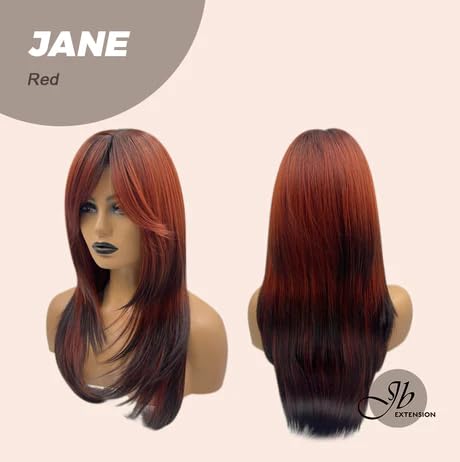 Miniatura 5 de Peluca de corte lobo, color rojo Jane, con flequillo en capas, raíces oscuras, extremos negros, mezcla de rubio, pelucas de cabello largo sin