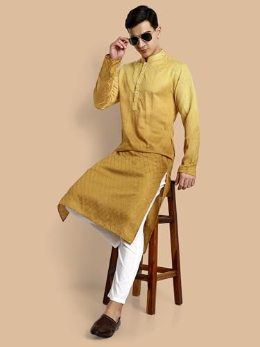 Image of Vardha Men's Cotton Chikankari Embroidered Kurta with Full Sleeves and Knee Length Design and Elegant Sequence Work | Kurta for Men