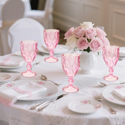Image of 32 Pack Vintage Wine Glasses, Plastic Reusable 12 Ounce Colored Water Goblets, Unique Embossed Pattern Unbreakable Stemmed Wine Glasses, High Clear Wedding Party Bar Drinking Cups Pink