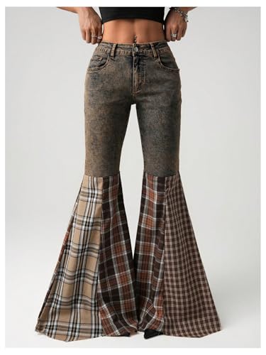 MakeMeChic Women's Plaid Jeans Bell Bottom Wide Leg Bootcut Jeans Flare Y2k Vintage Denim Pants4