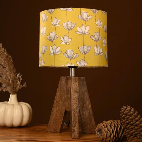 Image of Green Girgit Decorative Tri-Leg Stand Wooden Table Lamp with Mustard Yellow Floral Multicolor Shade Bedside & Reading Night Lamp for Bedroom, Living Room & Home Decor | Warm Ambient Light