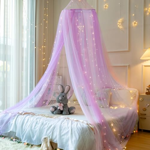 Image of Princess Pink Purple Bed Canopy with Lights for Girls Bed Net,Princess Canopy for Kids Bed Room Decor (Pink Purple+Lights)