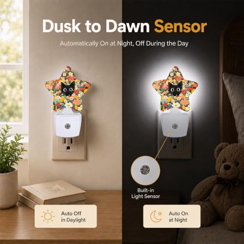 Image of Star Night Light Plug in, Flower Cat Dusk to Dawn Sensor Night Light, Soft Glow Lamp for Kids Bedroom Nursery Hallway Bathroom, Energy Saving Compact Design