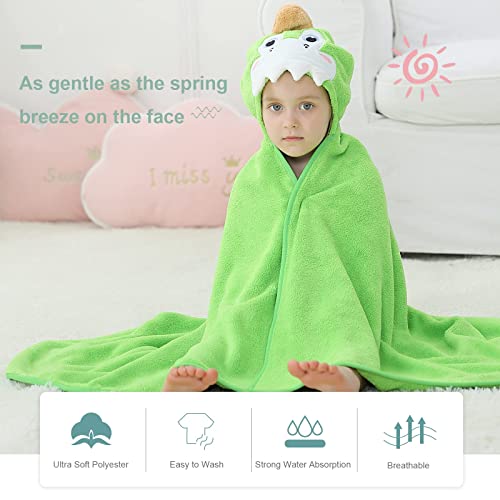 Image of MICHLEY Cartoon Hooded Baby Towel Unisex, Premium Soft Swimming Bathrobe Large Washcloths 31.5 inch x 53 inch for 0-9T (Green Dinosaur)