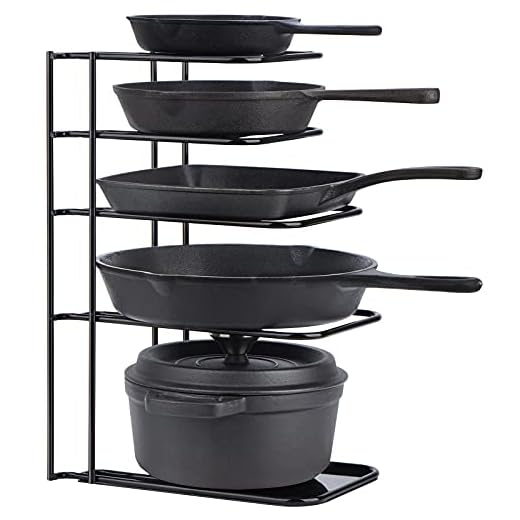 23+ Genius Ways to Organize Your Pots and Pans Storage 3 Toplife Heavy Duty Pan Organizer, 5 Tier Pot and Pan Organizer Rack for Cast Iron Skillets, Griddles and Pots - Sturdy Steel Construction- No Assembly Required - Black