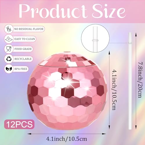 Image of tchrules 12PCS Pink Disco Ball Cups, Reusable Tumbler Disco Flash Bachelorette Party Cup Decorations Glitter Cocktail Ball Cups Spherical with Lid and Straw for Nightclub Bar Party Decor Supplies