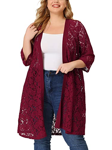 Image of Agnes Orinda Plus Size Cardigans for Women Lace Cardigan Lightweight Crochet 3 /4 Sleeve Cover Up Jacket