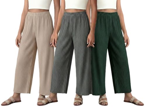 Image of Set of Combo Trouser and Pants for Girls and Women's Relaxed Fit Stretchable Regular Fit Palazzos Lightweight Elastic Waistband Bottoms for Daliy Office & Casual Wear