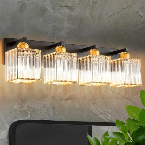 Image of Bathroom Vanity Light Fixtures Over Mirror 4 Crystal Lights - Makeup Lighting Black Gold - for Modern Wall, Bath, Desk, Farmhouse, Hallway