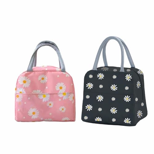 Juego de 2 bolsas de almuerzo con estampado de margaritas, bolsa impermeable aislada, 23 x 21 cm, rosa y negro, ecológicas, amigables para la escuela, oficina, picnic